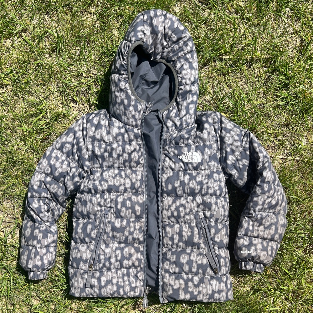 The North Face Grey Leopard-Print Hooded Puffer Jacket